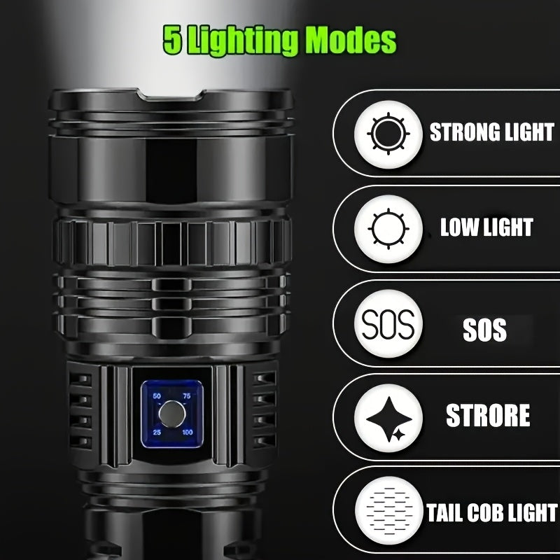 1 Piece Outdoor Super Bright LED Flashlight Rechargeable Home Strong Handheld Flashlight With COB Tail Light Multiple Lighting Modes Suitable For Camping Maintenance Fishing Emergency Situations Outdoor Activity Lighting - Primeshoppers