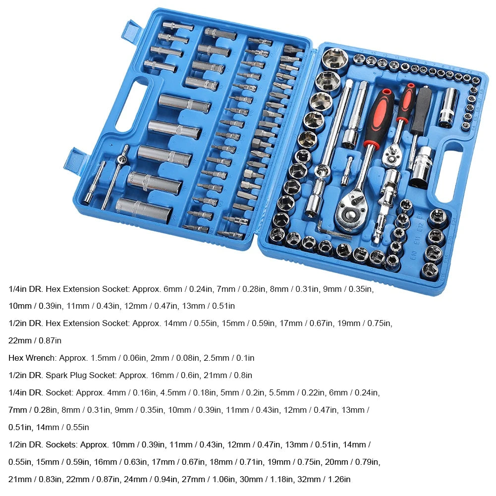 108Pcs Ratchet Wrench Set 1/4in 1/2in CR40 Steel Socket Kit - Primeshoppers