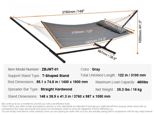 Two Person Hammock with Stand Included Double Hammock with Curved Spreader Bar and Detachable Pillow and Portable Bag