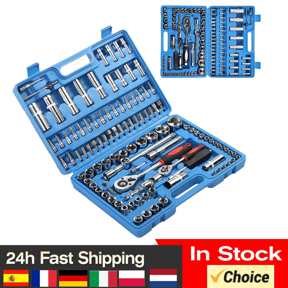 108Pcs Ratchet Wrench Set 1/4in 1/2in CR40 Steel Socket Set Tool Case Box Hand Tool Kits
