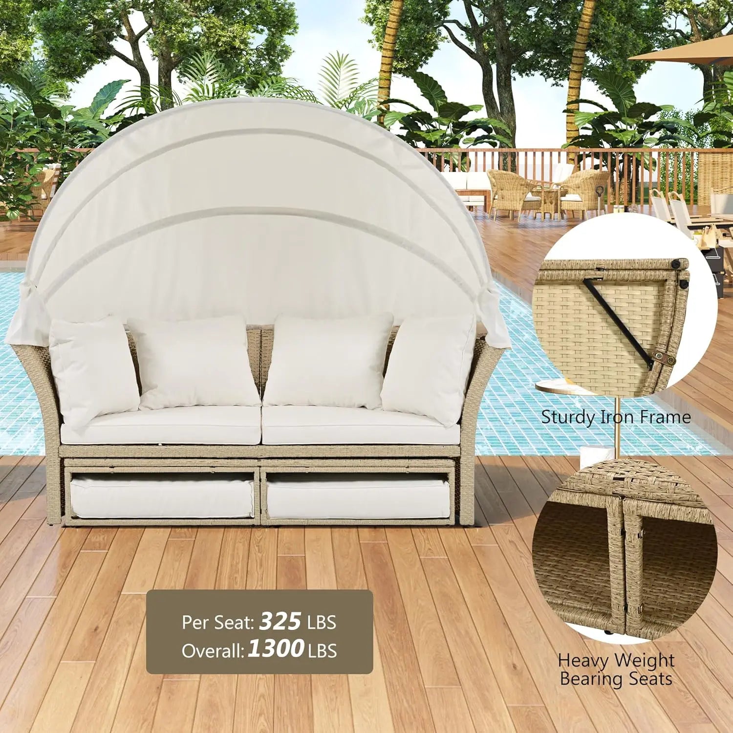 Outdoor Patio Daybed Wicker Rattan Double Daybed Round Sofa Furniture Set with Retractable Canopy, 4 Pillows for Lawn Garden Ba