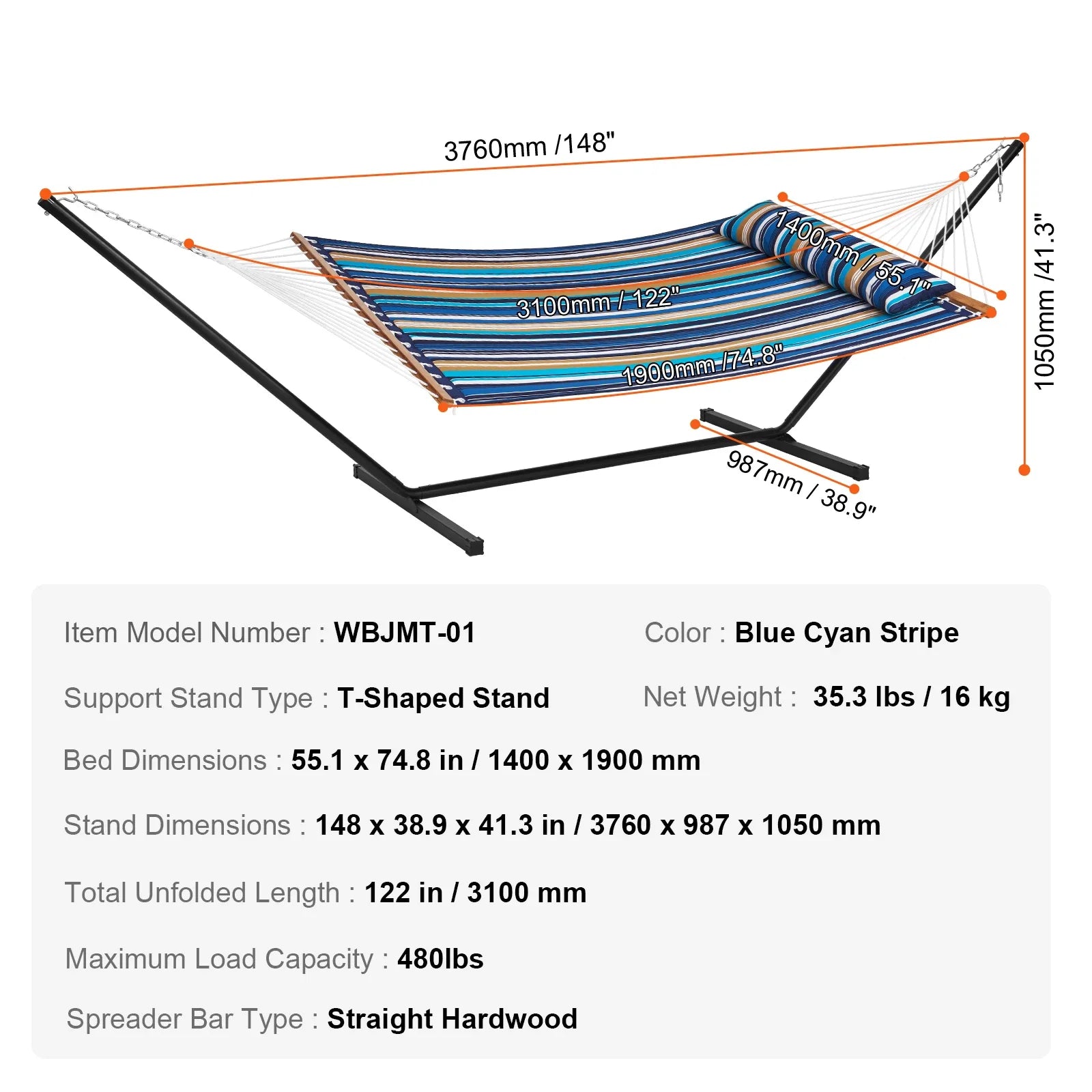 Two Person Hammock with Stand Included Double Hammock with Curved Spreader Bar and Detachable Pillow and Portable Bag